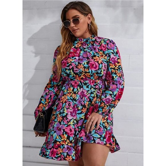 Plus Size Floral Printed Ruffle‎ A-Line V-Neck Long Sleeve Layered Mini Dress - Picture 1 of 5